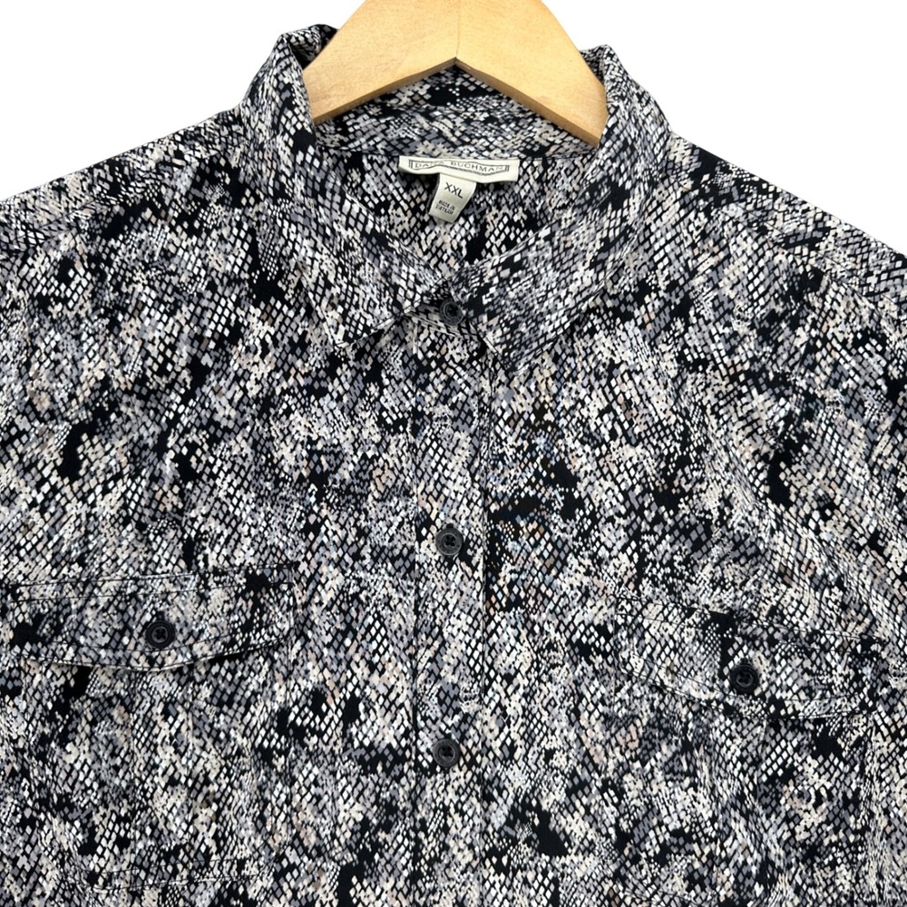 Dana Buchman Womens XXL Snakeskin Print Roll Tab Sleeve Button Down Shirt Black